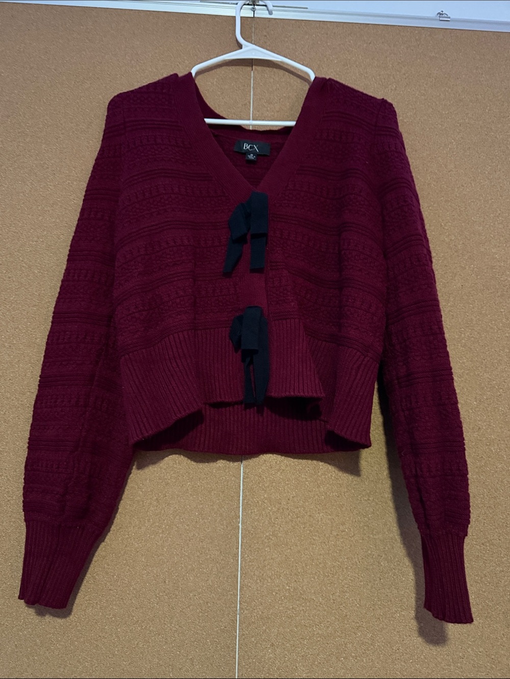 BCX Women's Burgundy Knit V-Neck Cardigan with Black Bow Ties